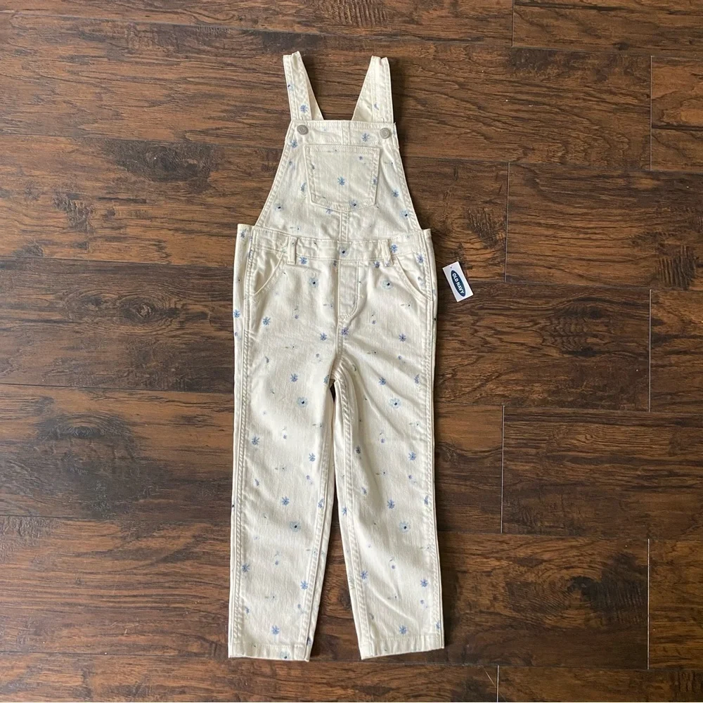 Old Navy Kids Overalls, White with Blue Flowers, Size 5T